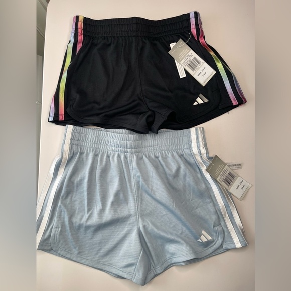 adidas Girls' 3S Pacer Mesh Shorts-Light Blue and Black - Picture 9 of 10